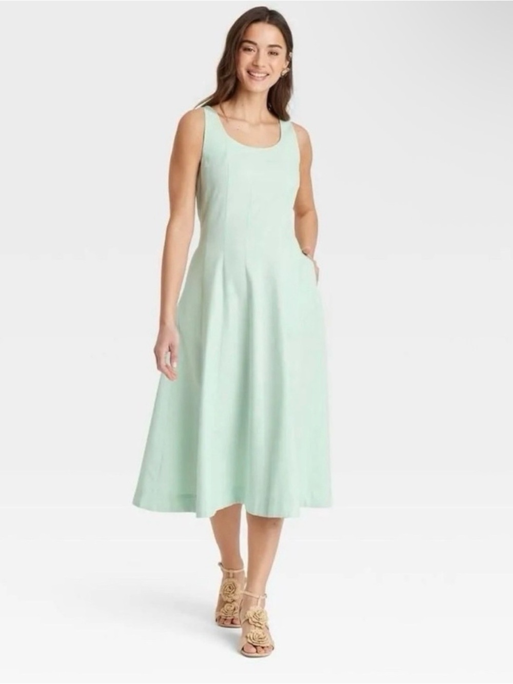 A New Day Women’s Sleeveless Midi Scoop Neck Cotton Blend Dress Mint Size 8